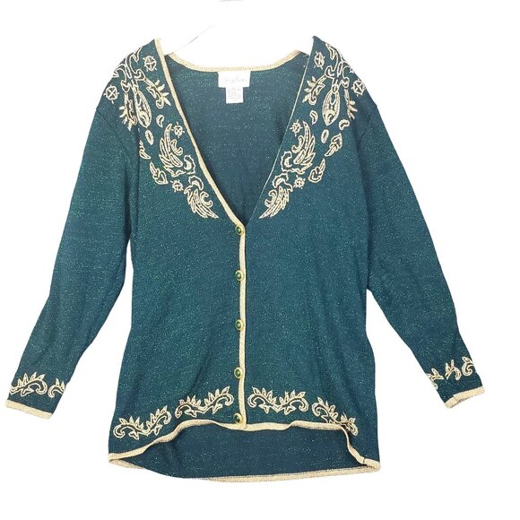 VINTAGE JACLYN SMITH Womens Cardigan Large Gold Green Sparkle Metallic Christmas - Picture 1 of 6